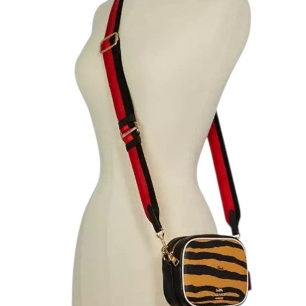 Coach Mini Dempsey Camera Bag With Tiger Print Gold Honey Black Multi - Nwt